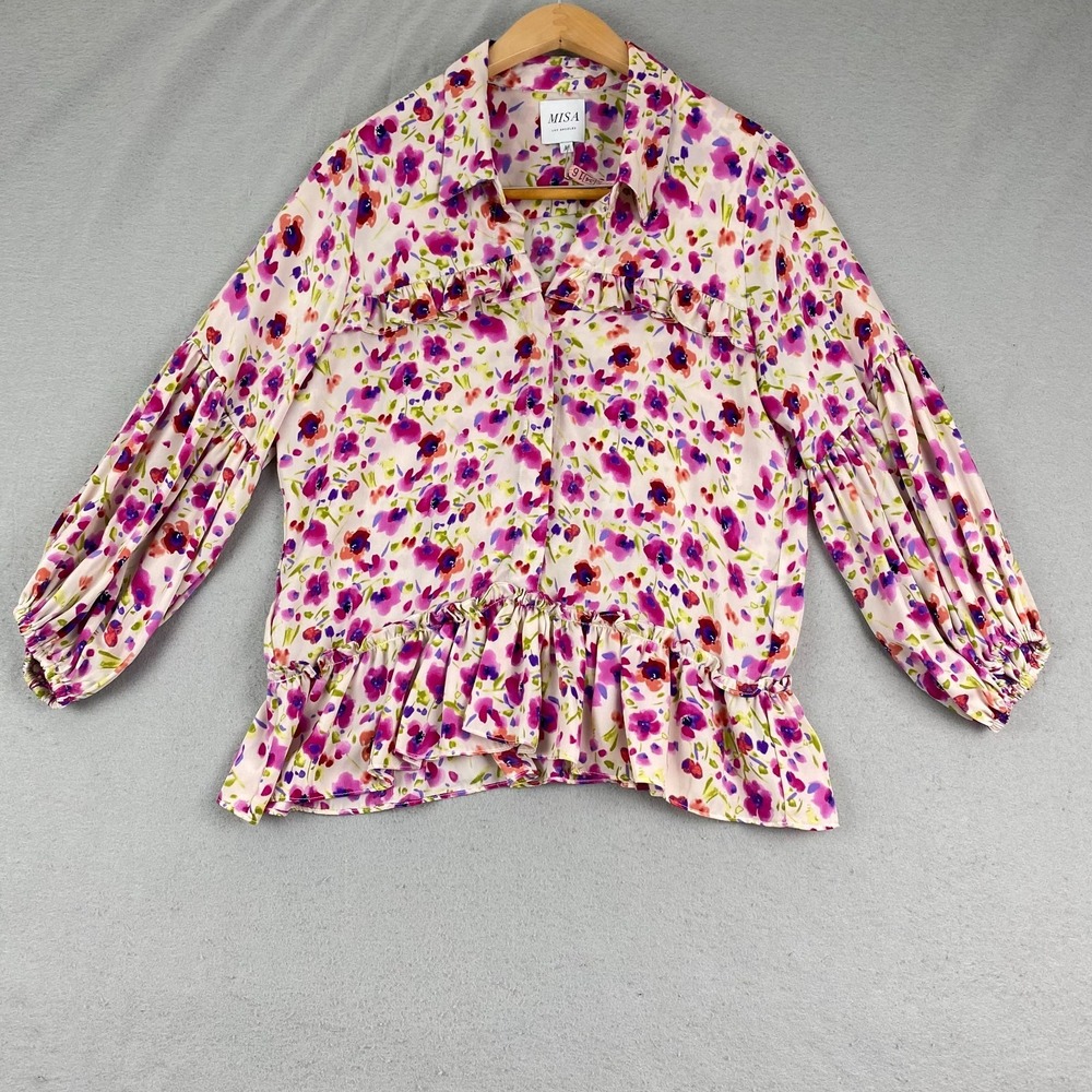 MISA Los Angeles Womens Blouse M Floral Ruffle Top balloon sleeves button front